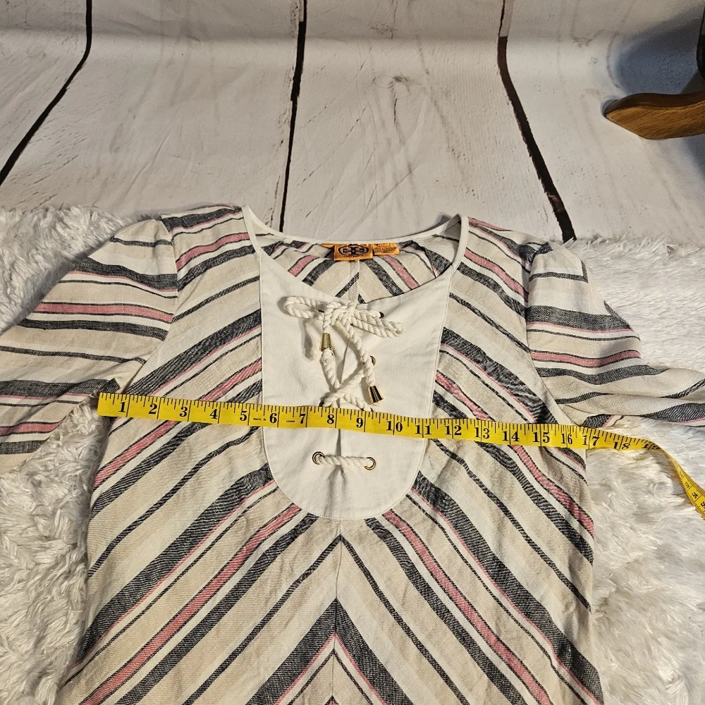 Tory Burch Top Striped‎ 3/4 Sleeve Lace Up Neckline Pink Navy White Size 6